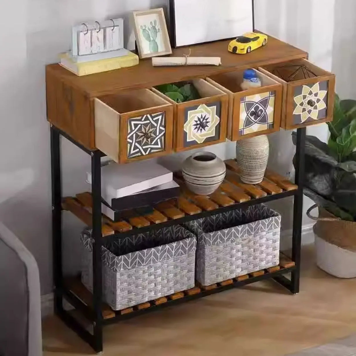 Decorative Geometric Wooden Brown Storage Console Table Image - 4