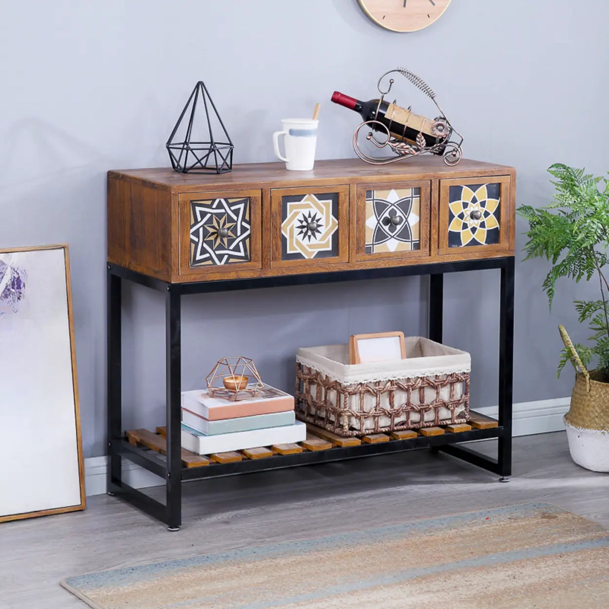 Decorative Geometric Wooden Brown Storage Console Table Image - 5