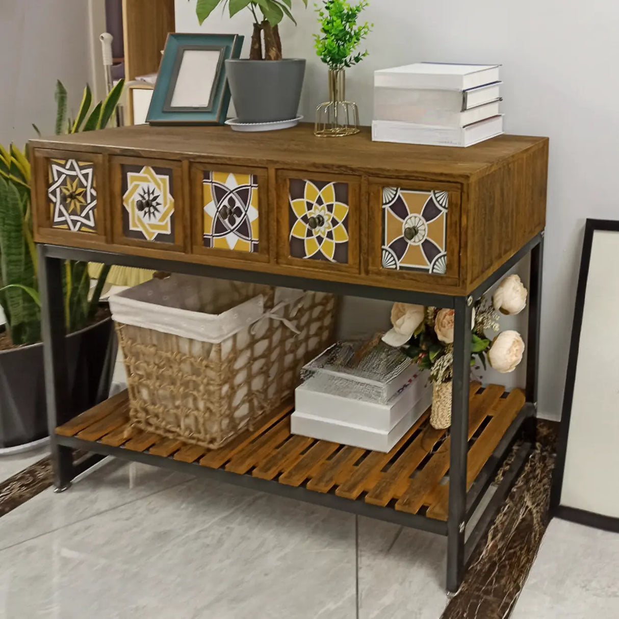 Decorative Geometric Wooden Brown Storage Console Table Image - 7
