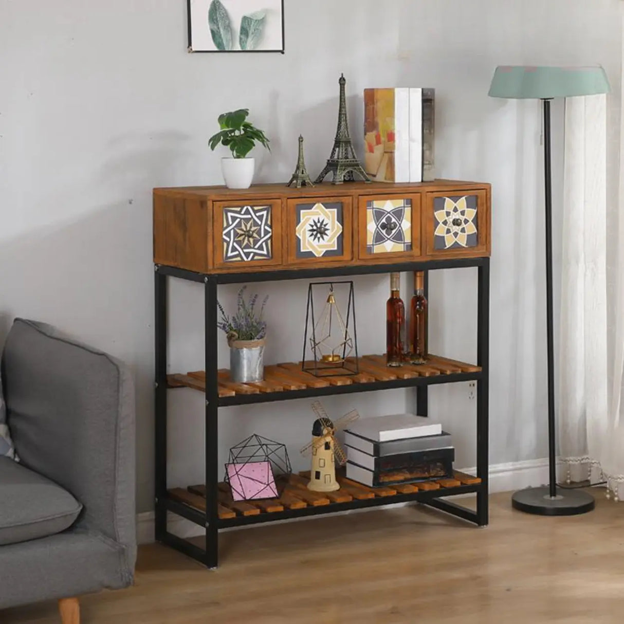 Decorative Geometric Wooden Brown Storage Console Table Image - 9