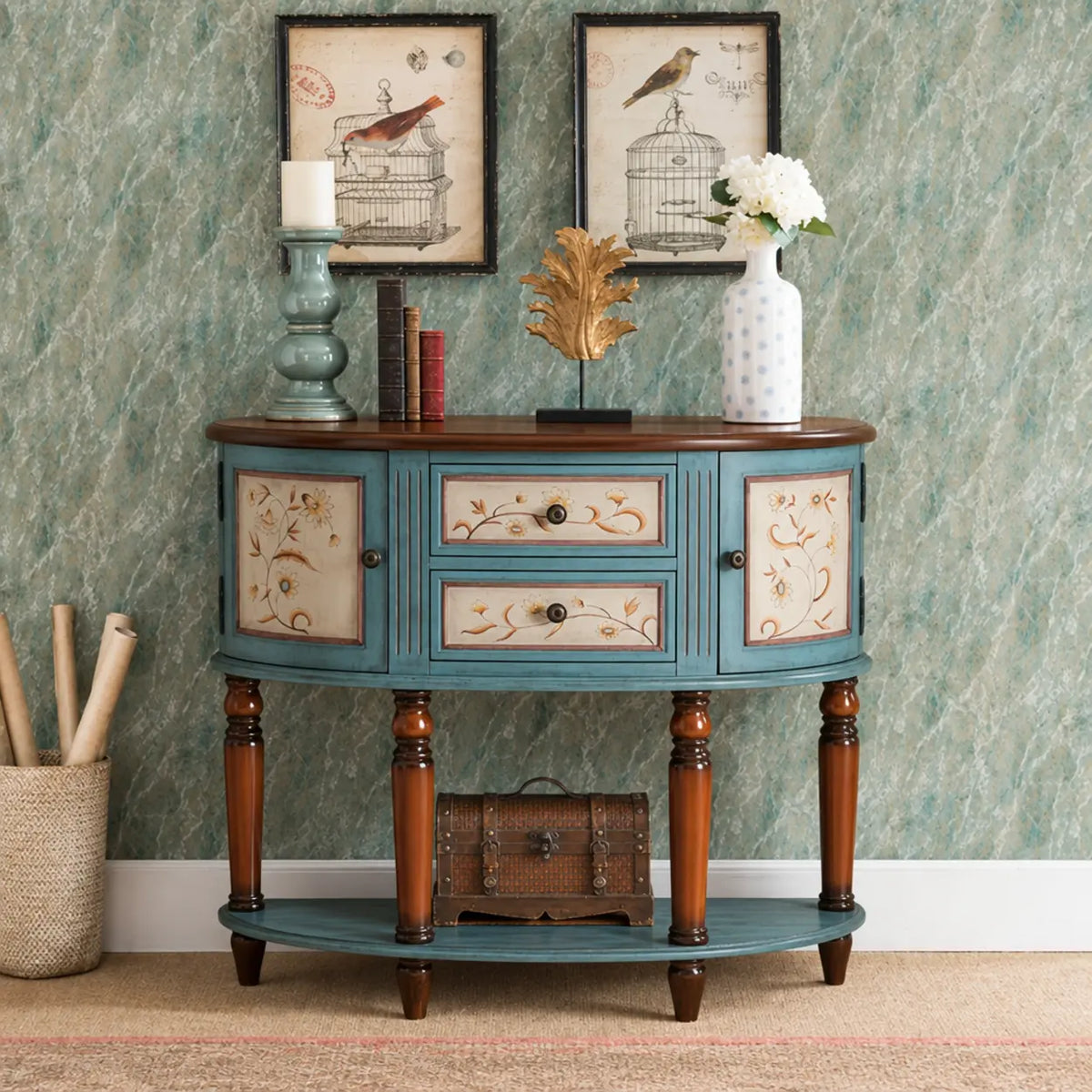 Decorative Half-circle Blue Wood Storage Entry Console Table Image - 1