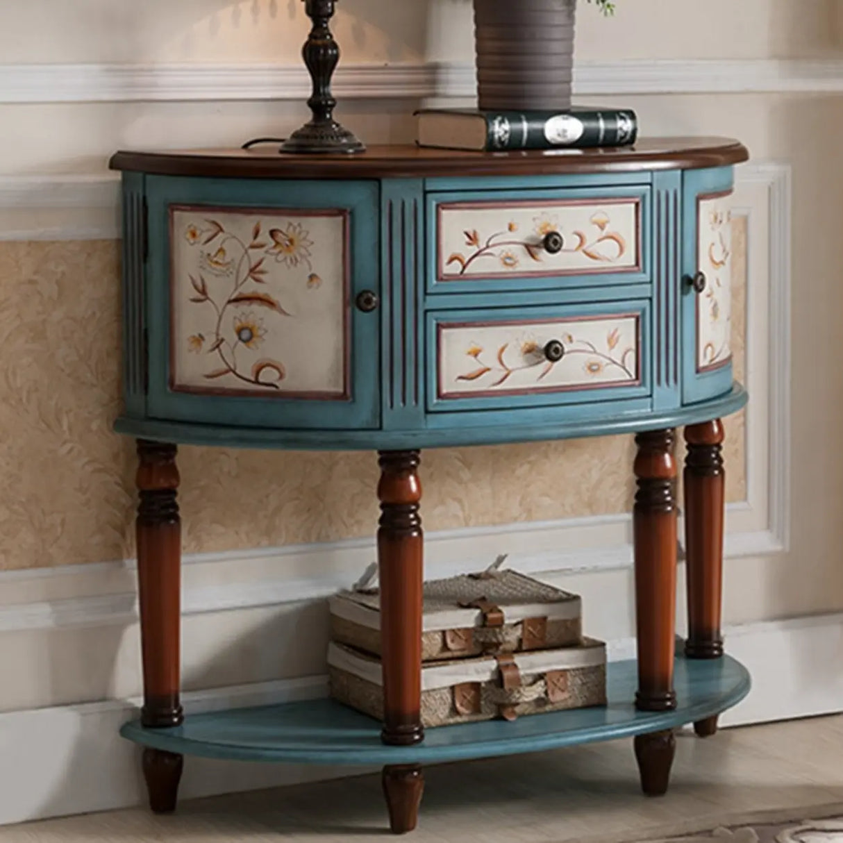 Decorative Half-circle Blue Wood Storage Entry Console Table Image - 11