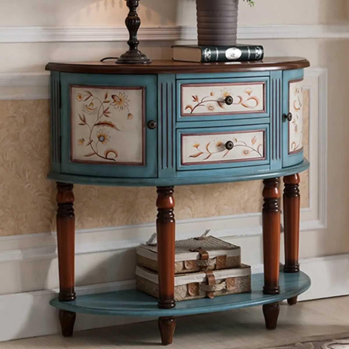 Blue-White Decorative Half-circle Blue Wood Storage Entry Console Table Image - 12