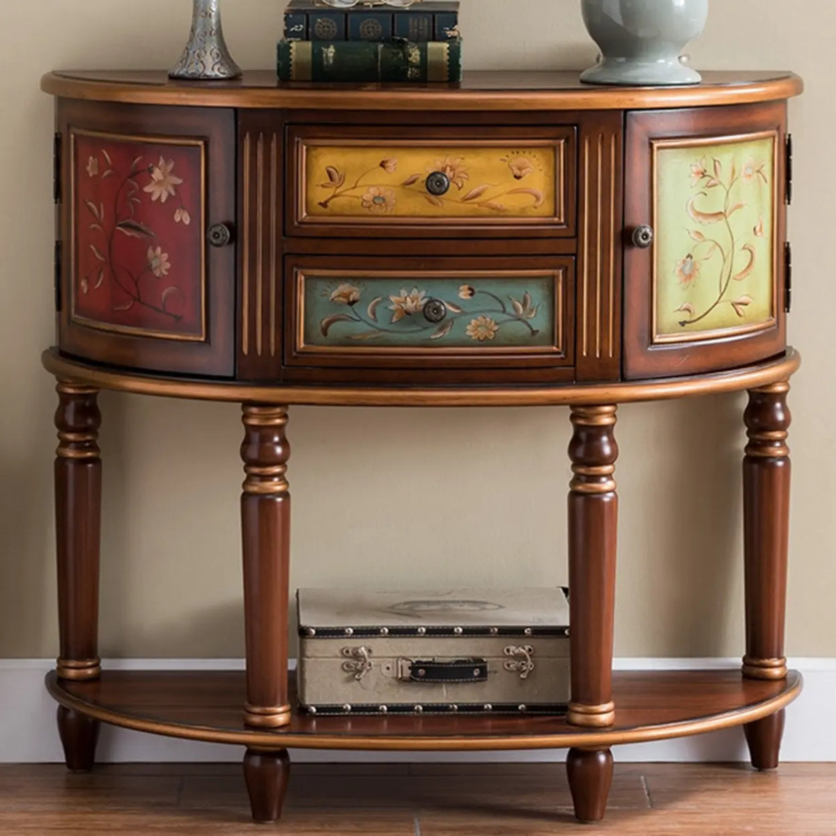 Red-Yellow-Green Decorative Half-circle Blue Wood Storage Entry Console Table Image - 13