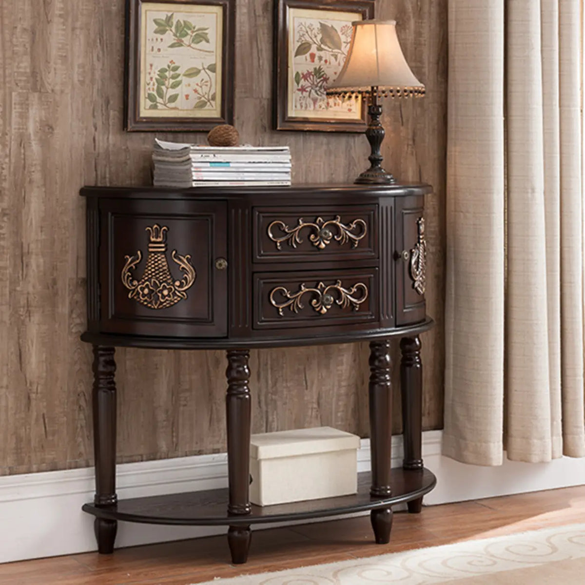 Black Walnut Decorative Half-circle Blue Wood Storage Entry Console Table Image - 14