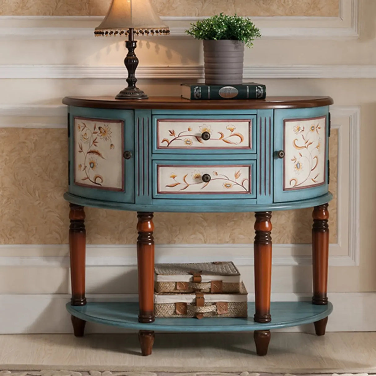 Decorative Half-circle Blue Wood Storage Entry Console Table Image - 1