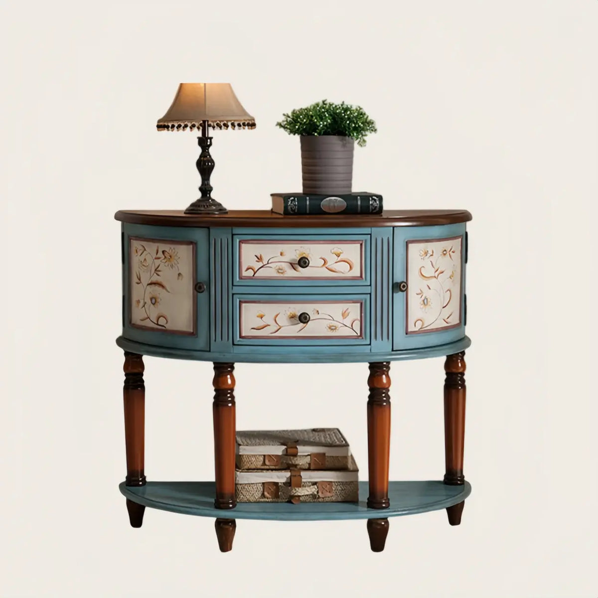 Decorative Half-circle Blue Wood Storage Entry Console Table Image - 2