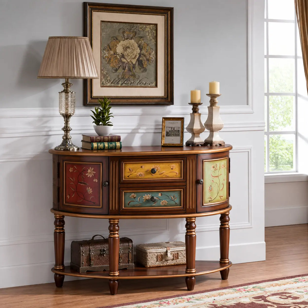 Decorative Half-circle Blue Wood Storage Entry Console Table Image - 3