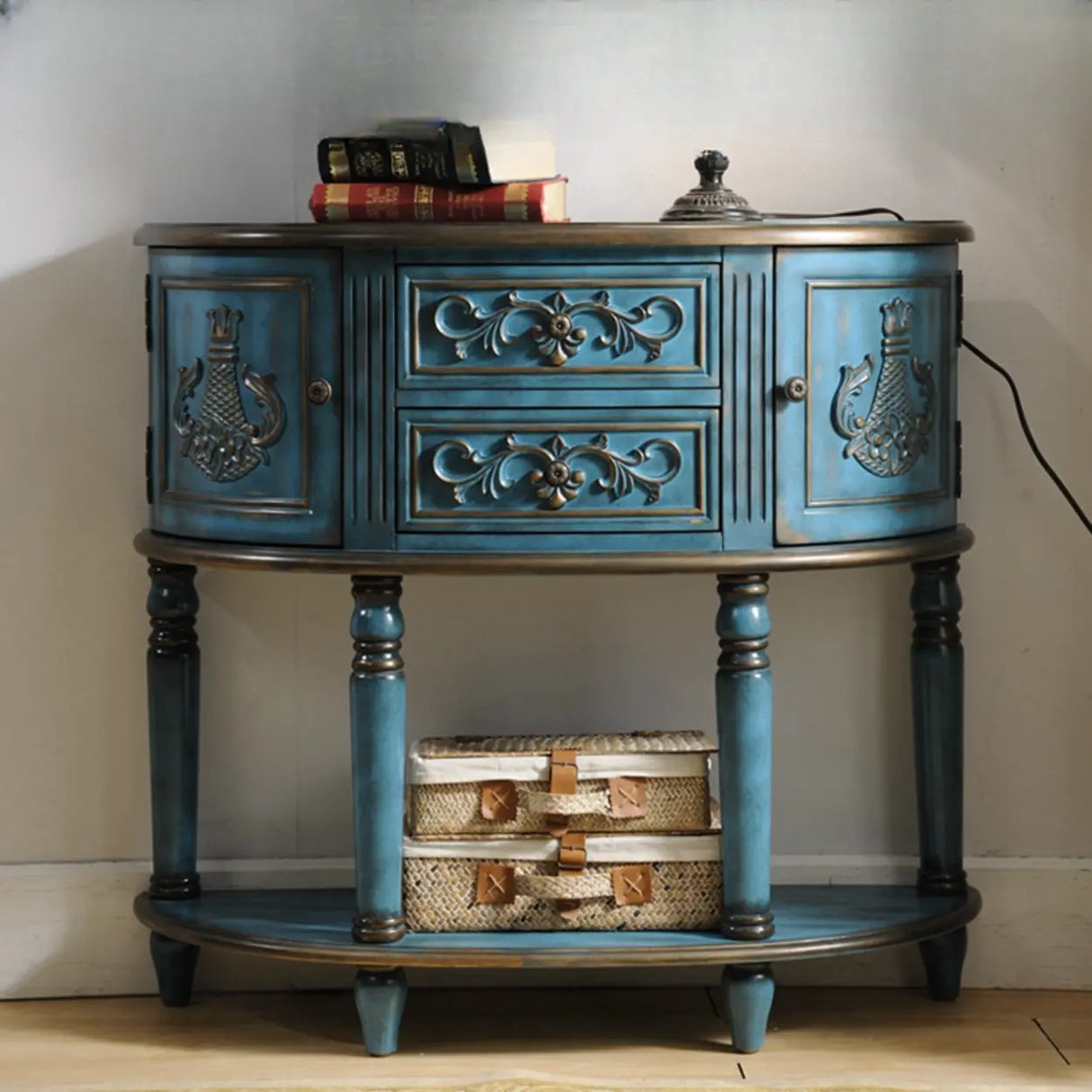 Decorative Half-circle Blue Wood Storage Entry Console Table Image - 3