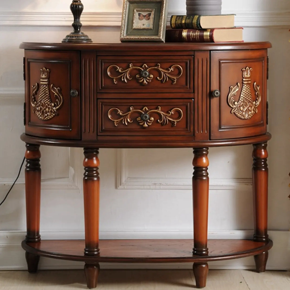 Decorative Half-circle Blue Wood Storage Entry Console Table Image - 5