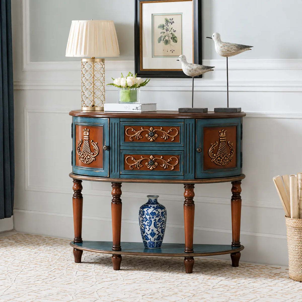 Decorative Half-circle Blue Wood Storage Entry Console Table Image - 6
