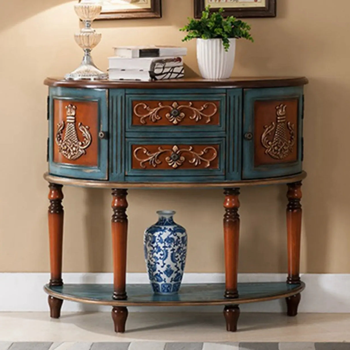 Decorative Half-circle Blue Wood Storage Entry Console Table Image - 7