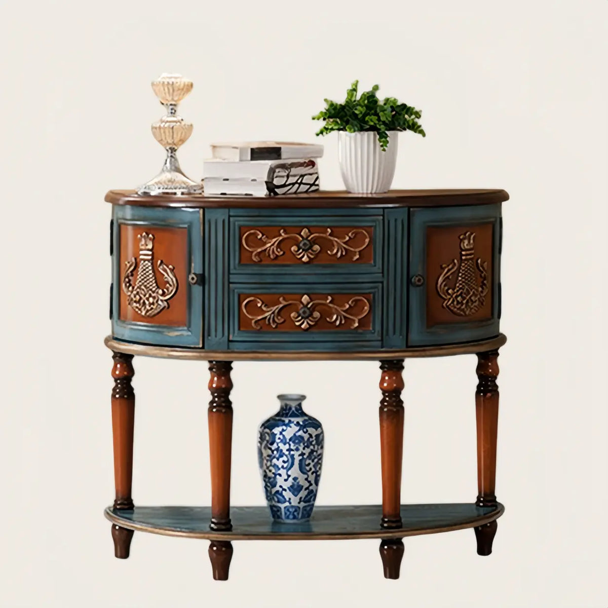 Decorative Half-circle Blue Wood Storage Entry Console Table Image - 8