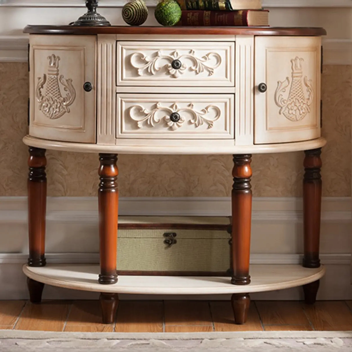 Decorative Half-circle Blue Wood Storage Entry Console Table Image - 9