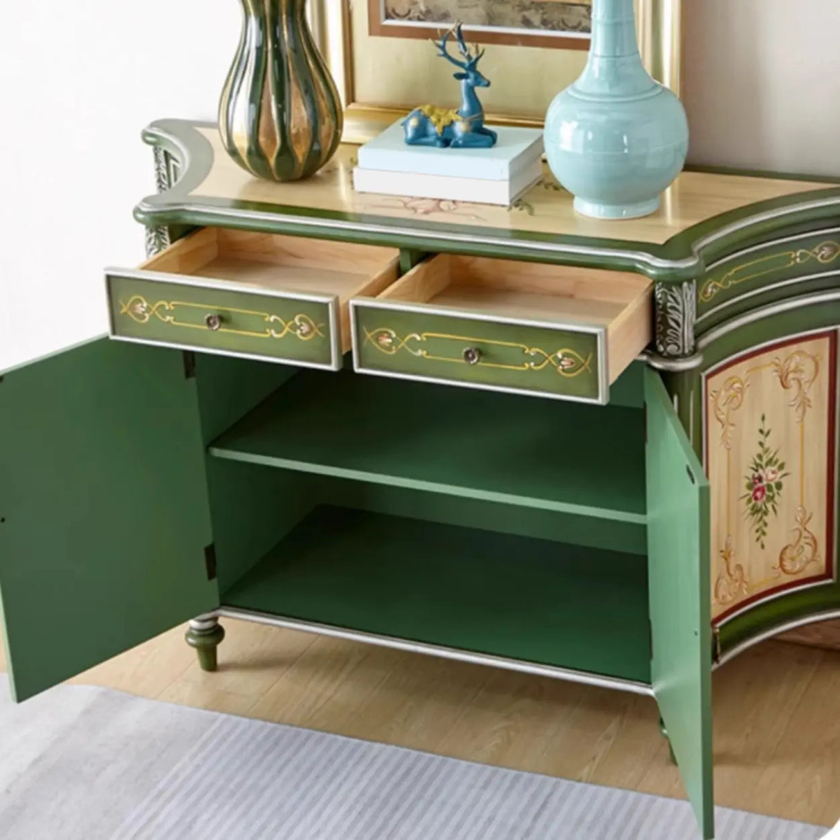 Decorative Half-Moon Storage Floral Green Console Table Image - 10