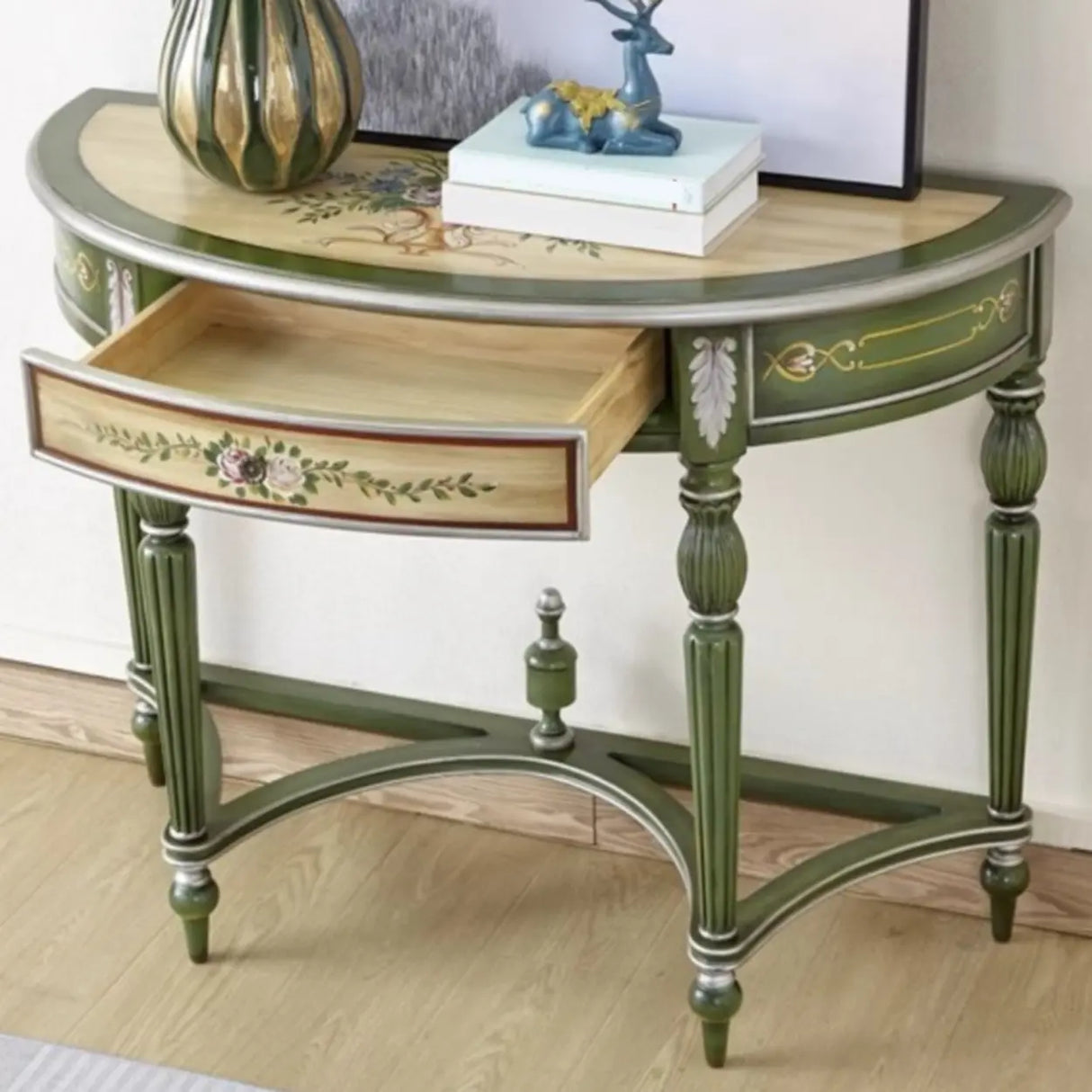 Decorative Half-Moon Storage Floral Green Console Table Image - 1