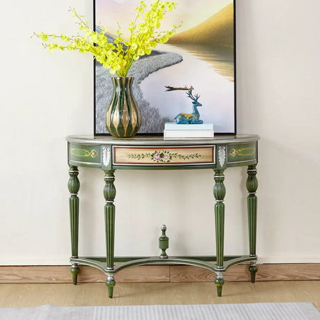 Decorative Half-Moon Storage Floral Green Console Table Image - 2
