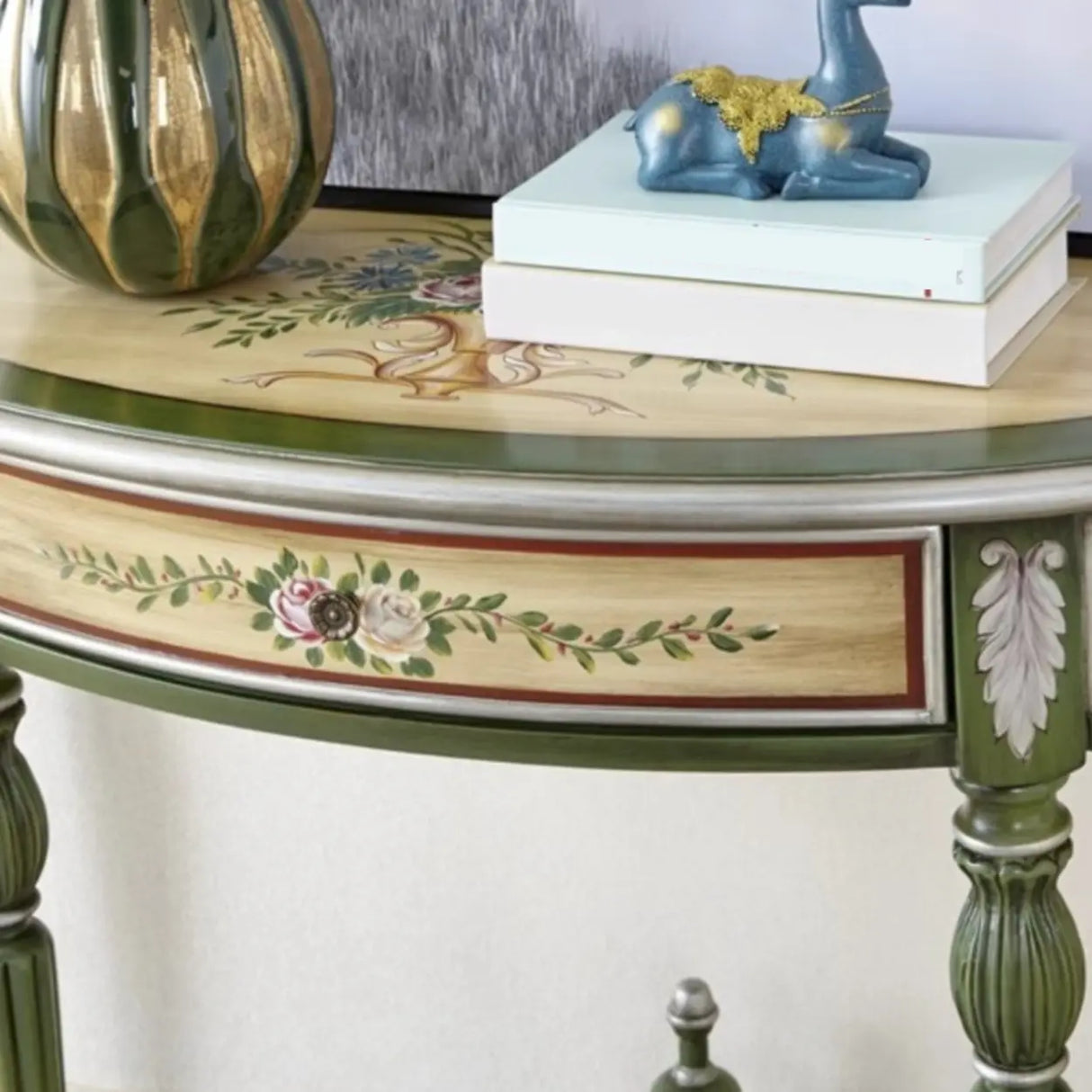 Decorative Half-Moon Storage Floral Green Console Table Image - 5