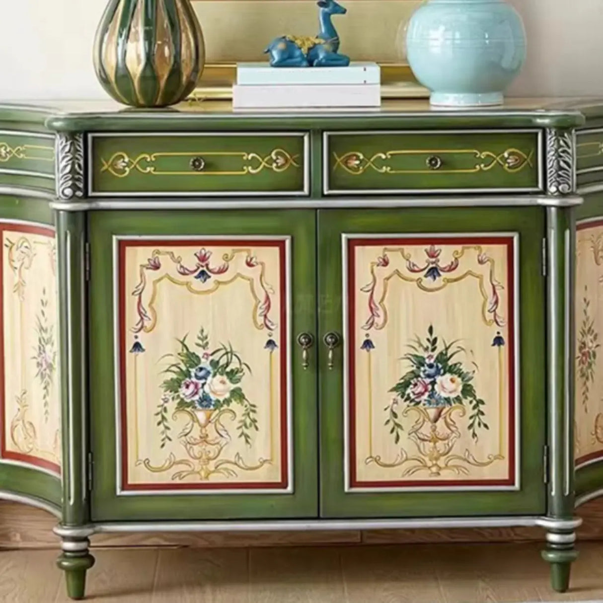 Decorative Half-Moon Storage Floral Green Console Table Image - 7