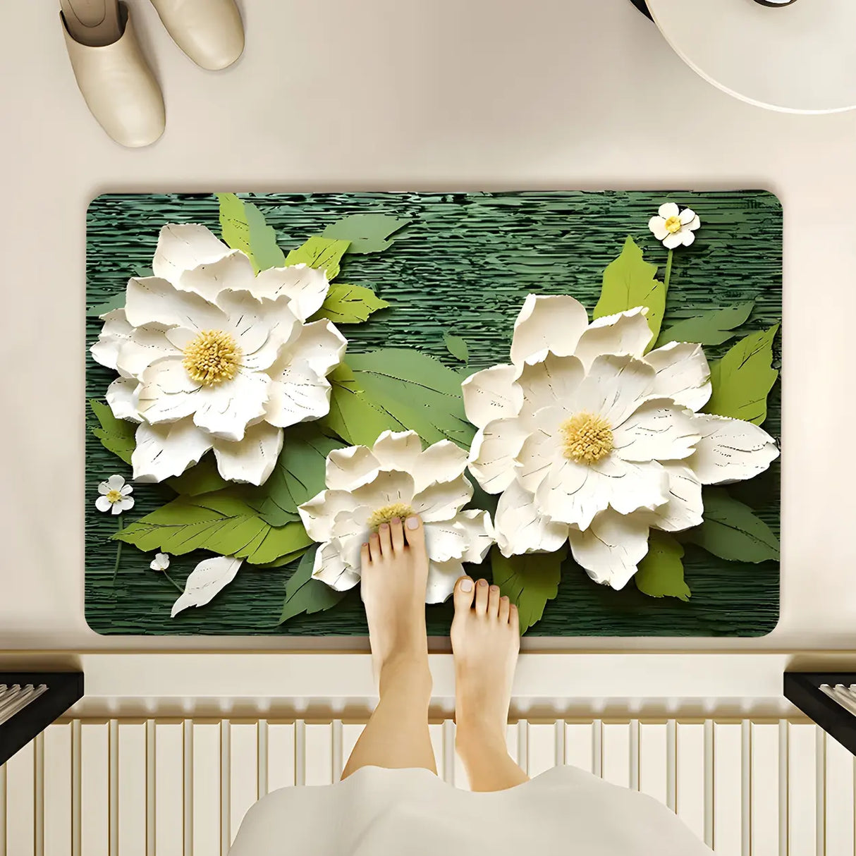 Decorative Lotus 3D Rubber Green Rectangular Area Rug Image - 1