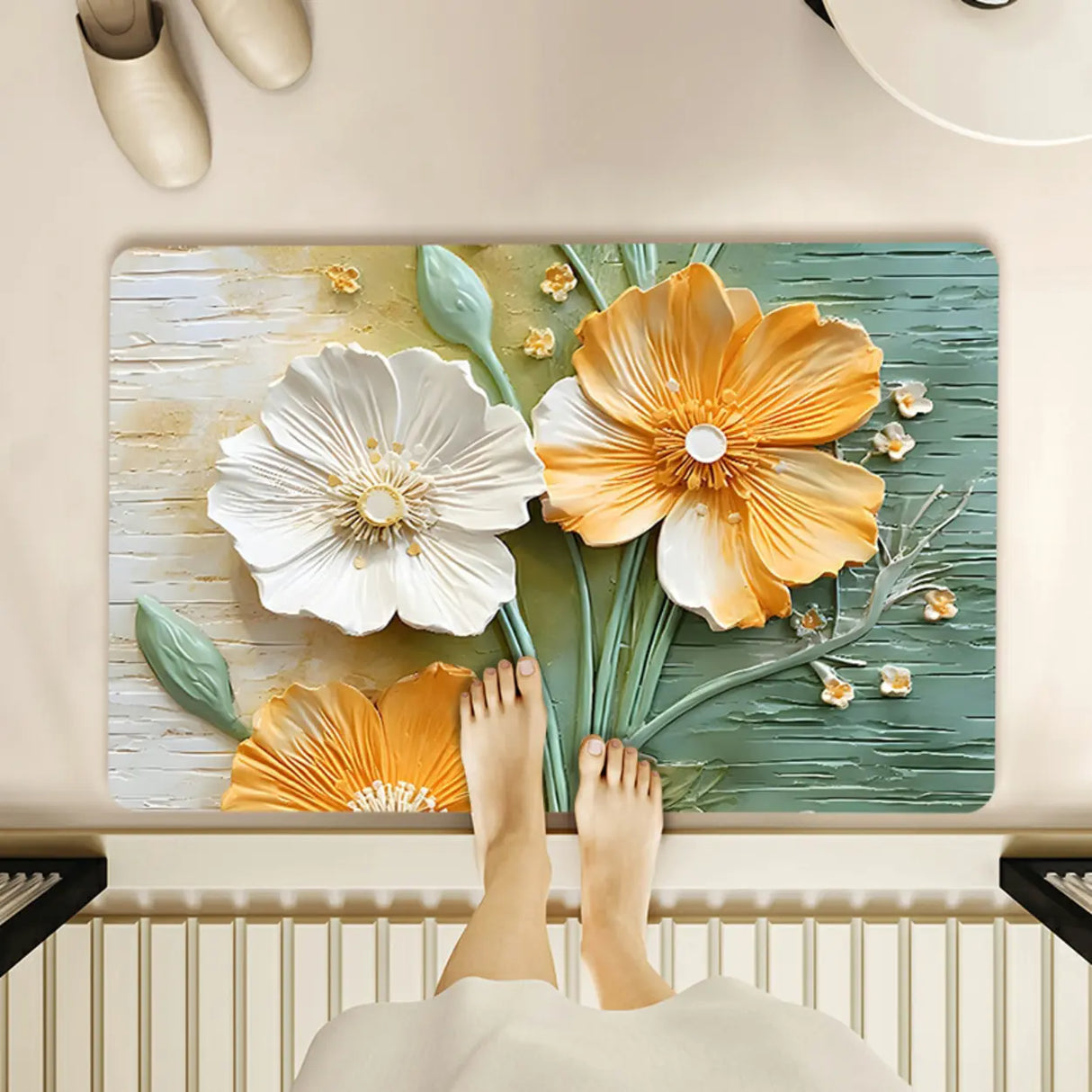 Decorative Lotus 3D Rubber Green Rectangular Area Rug Image - 13