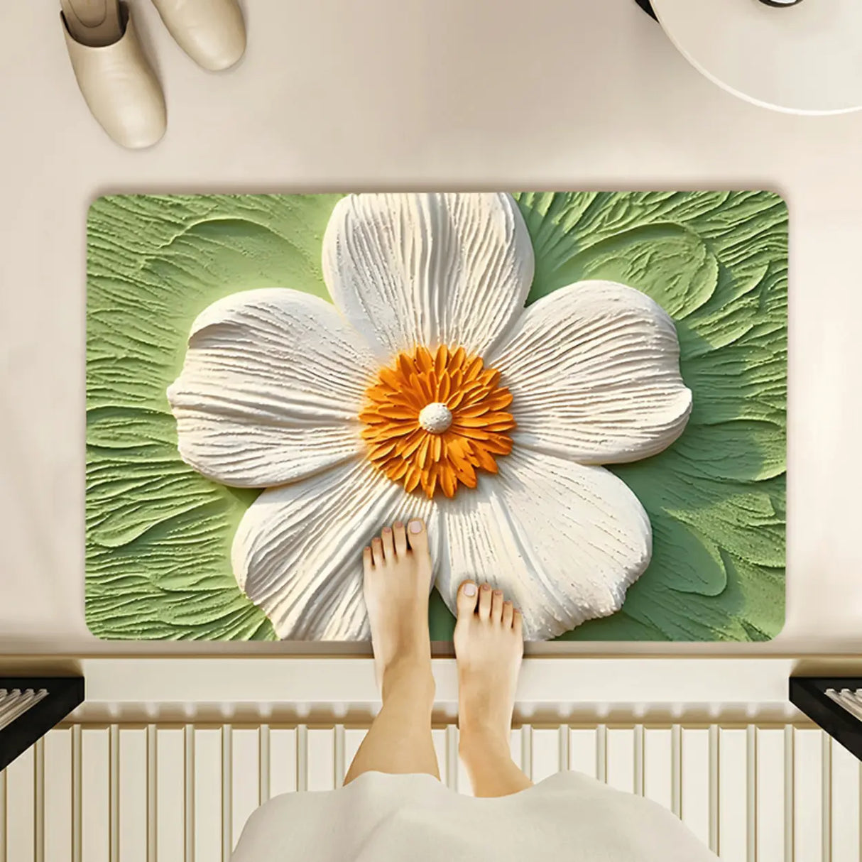 Decorative Lotus 3D Rubber Green Rectangular Area Rug Image - 14