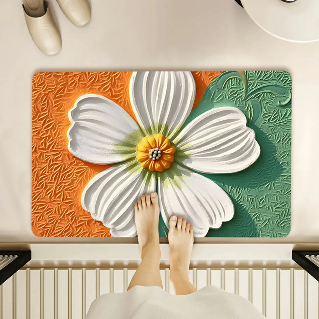 Decorative Lotus 3D Rubber Green Rectangular Area Rug Image - 15