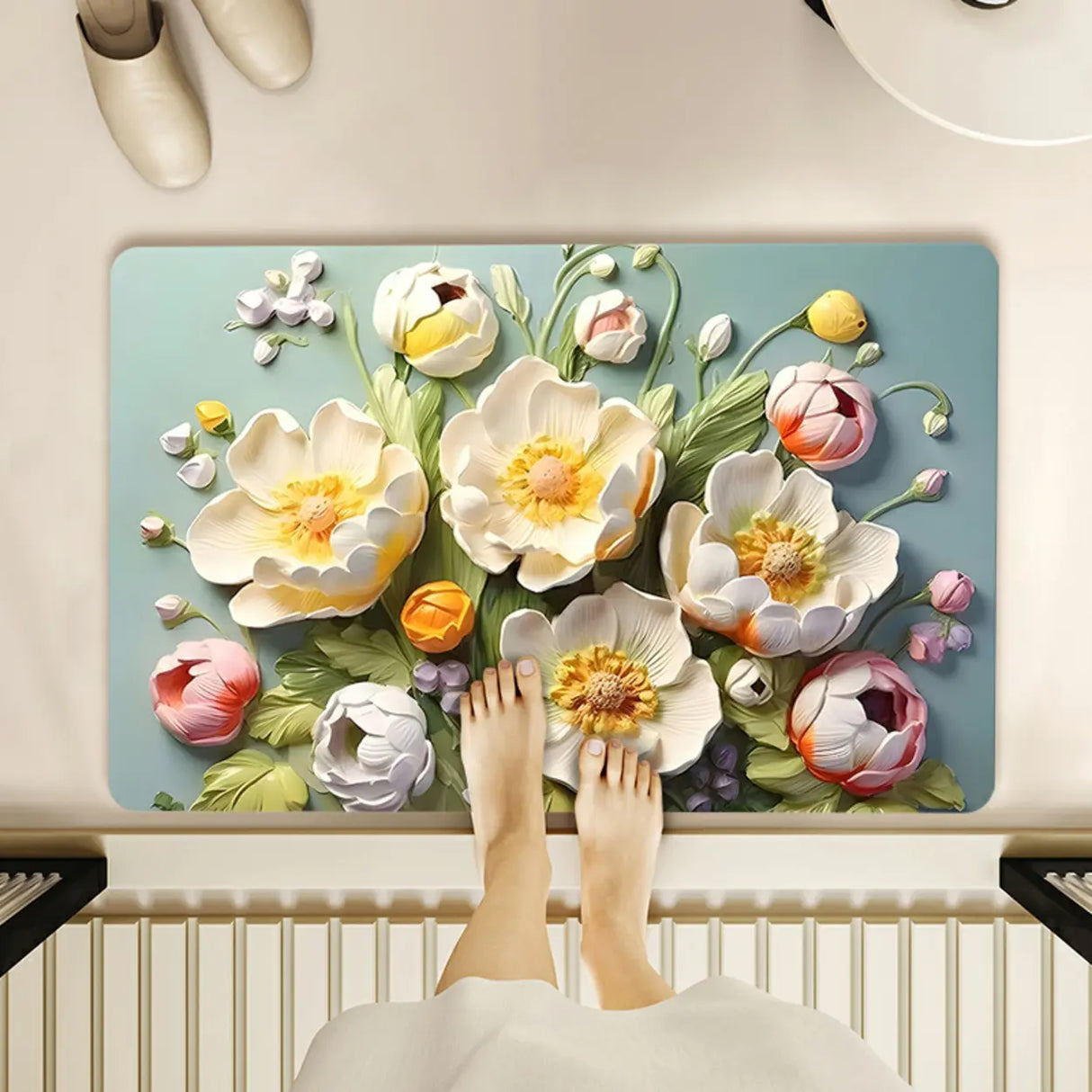 Decorative Lotus 3D Rubber Green Rectangular Area Rug Image - 2