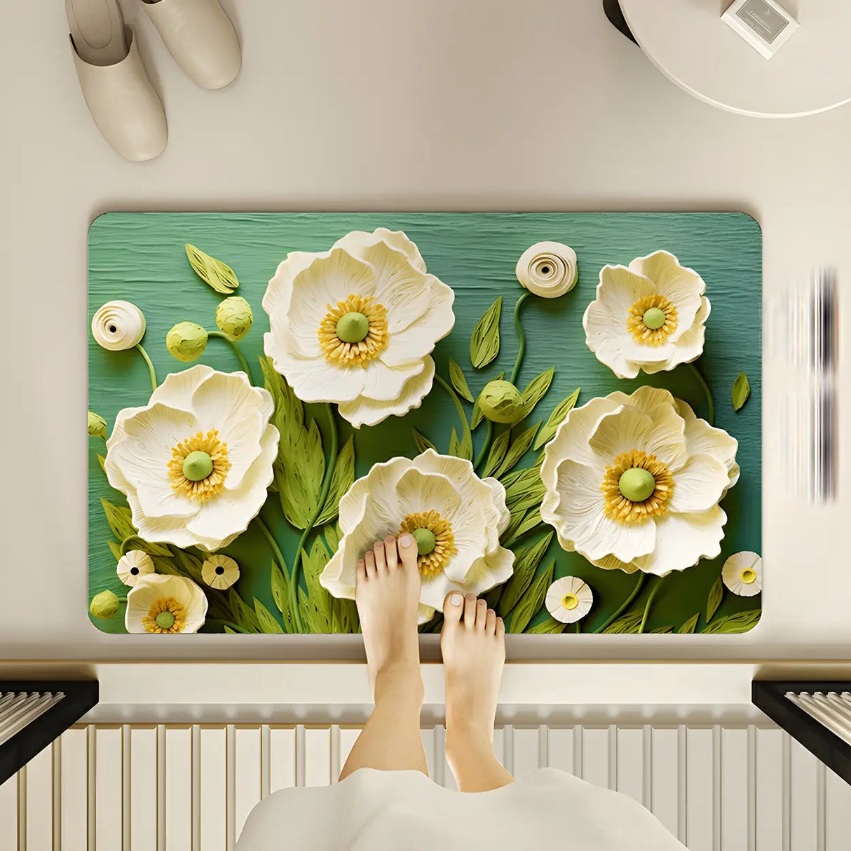 Decorative Lotus 3D Rubber Green Rectangular Area Rug Image - 3