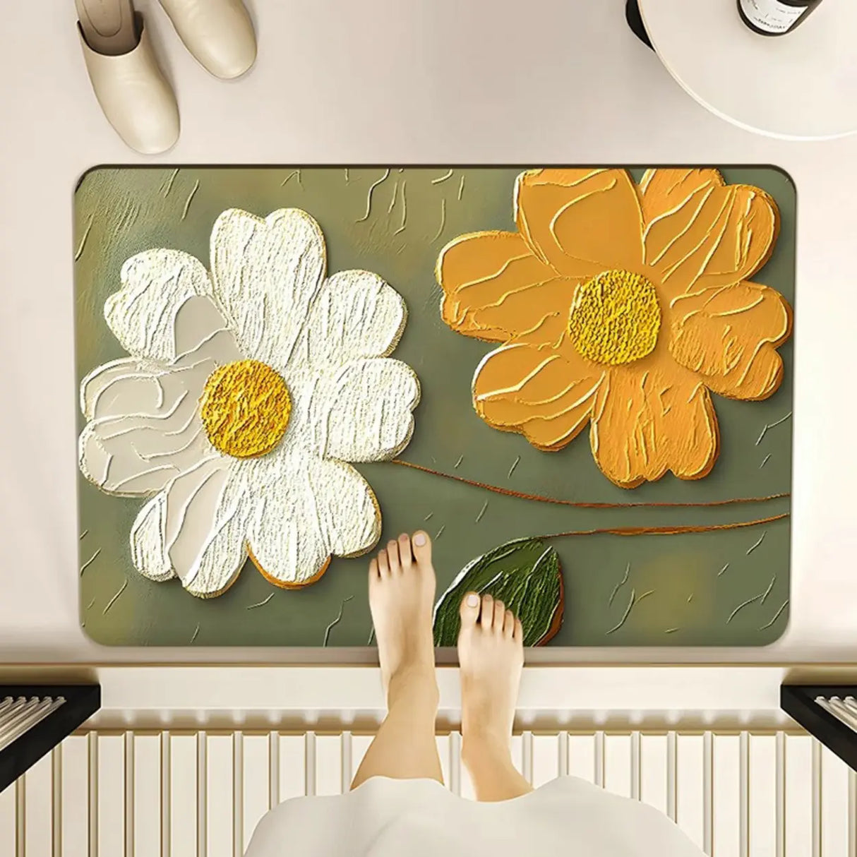 Decorative Lotus 3D Rubber Green Rectangular Area Rug Image - 4