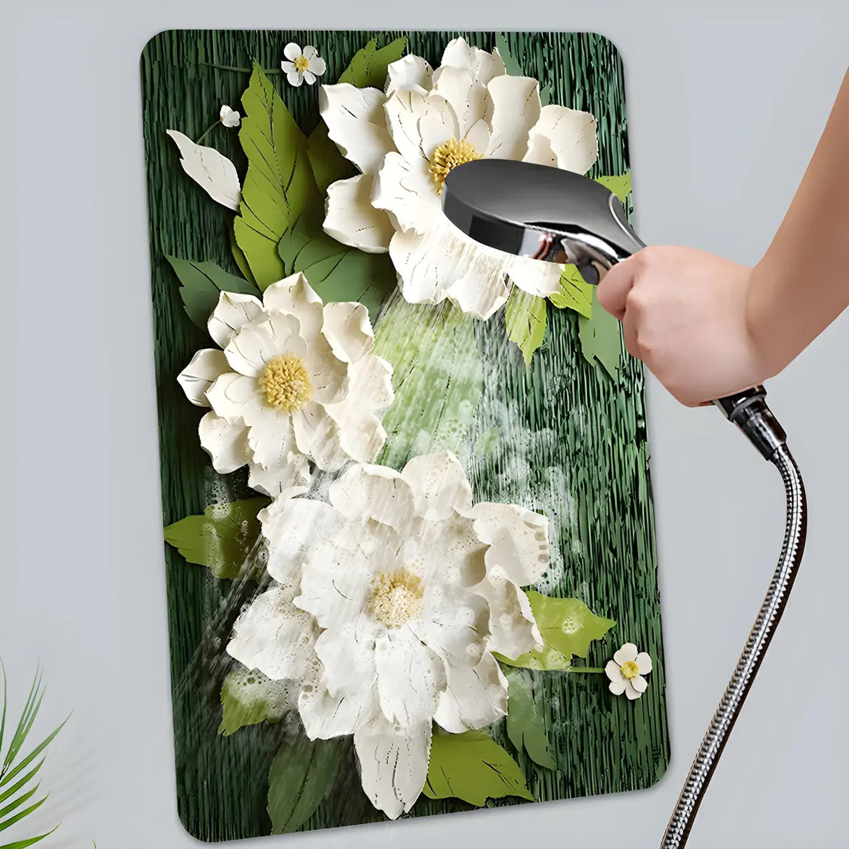 Decorative Lotus 3D Rubber Green Rectangular Area Rug Image - 8