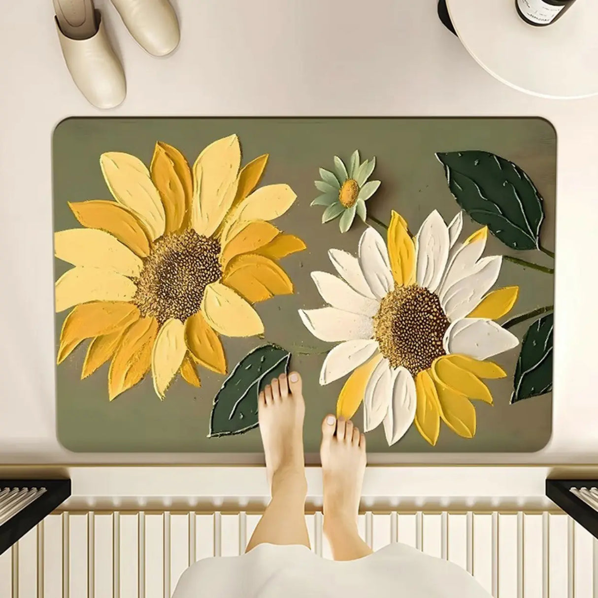 Decorative Lotus 3D Rubber Green Rectangular Area Rug Image - 9