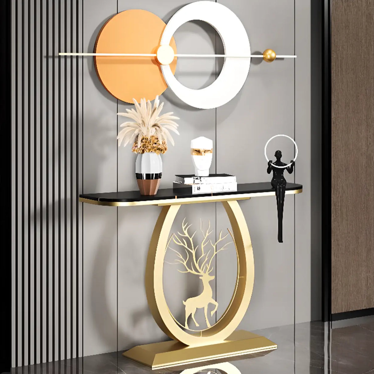 Decorative Oval Deer Base Sintered Stone Gold Console Table Image - 10