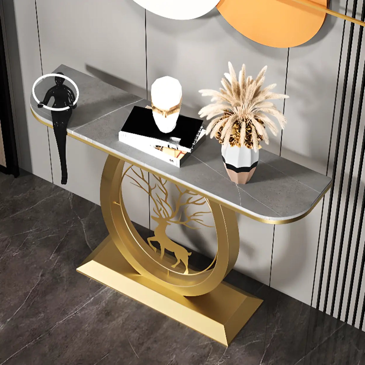 Decorative Oval Deer Base Sintered Stone Gold Console Table Image - 12