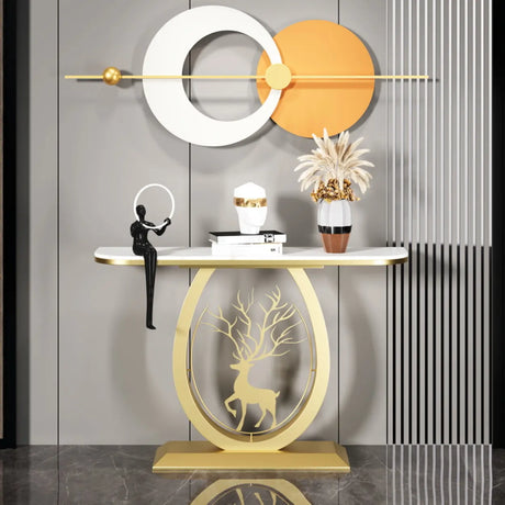 Decorative Oval Deer Base Sintered Stone Gold Console Table Image - 1