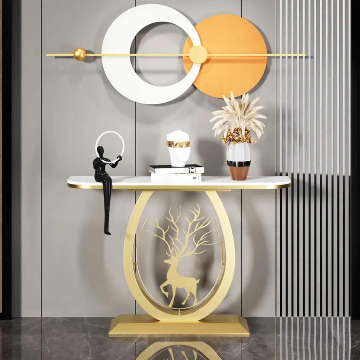 Decorative Oval Deer Base Sintered Stone Gold Console Table Image - 1