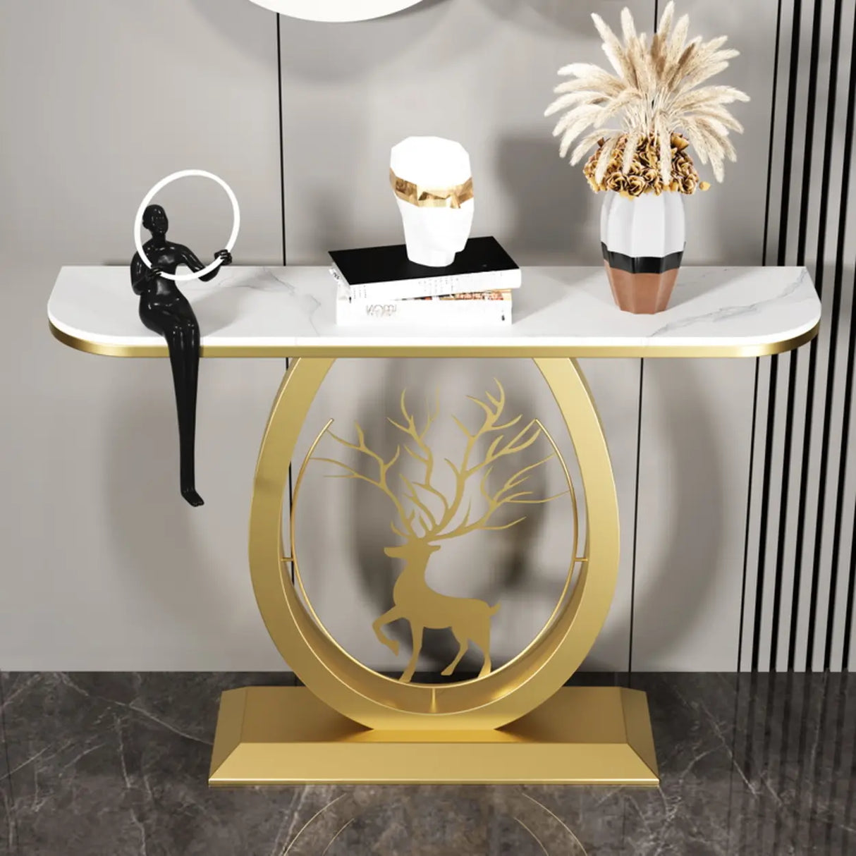 Decorative Oval Deer Base Sintered Stone Gold Console Table Image - 6