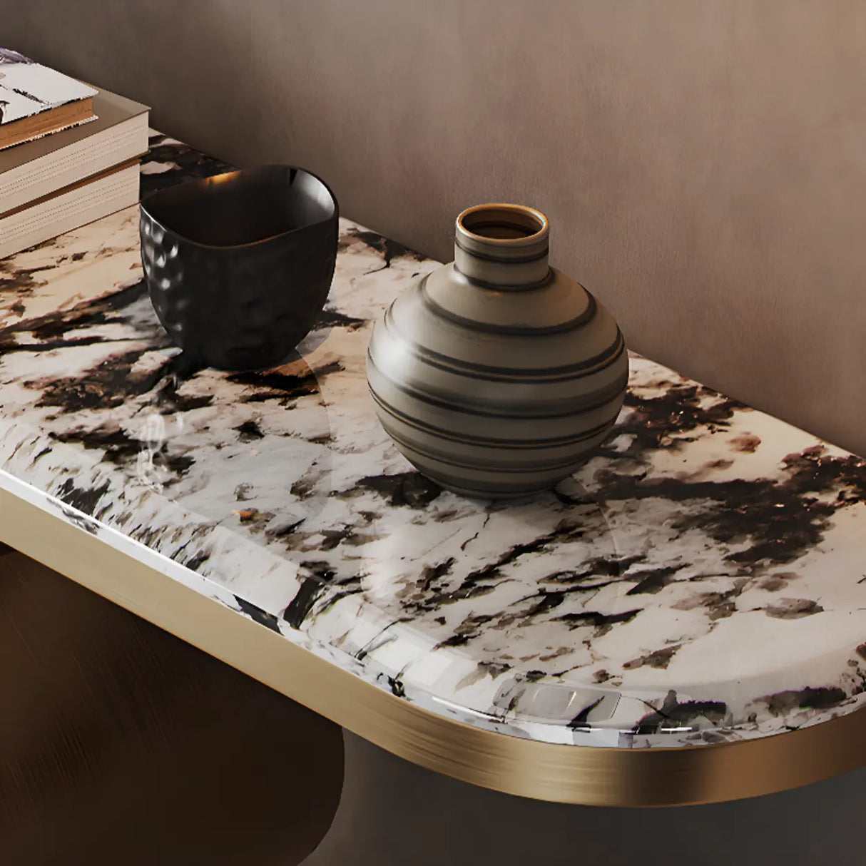 Decorative Oval Luxury Stone Curved Base Gold Console Table Image - 10