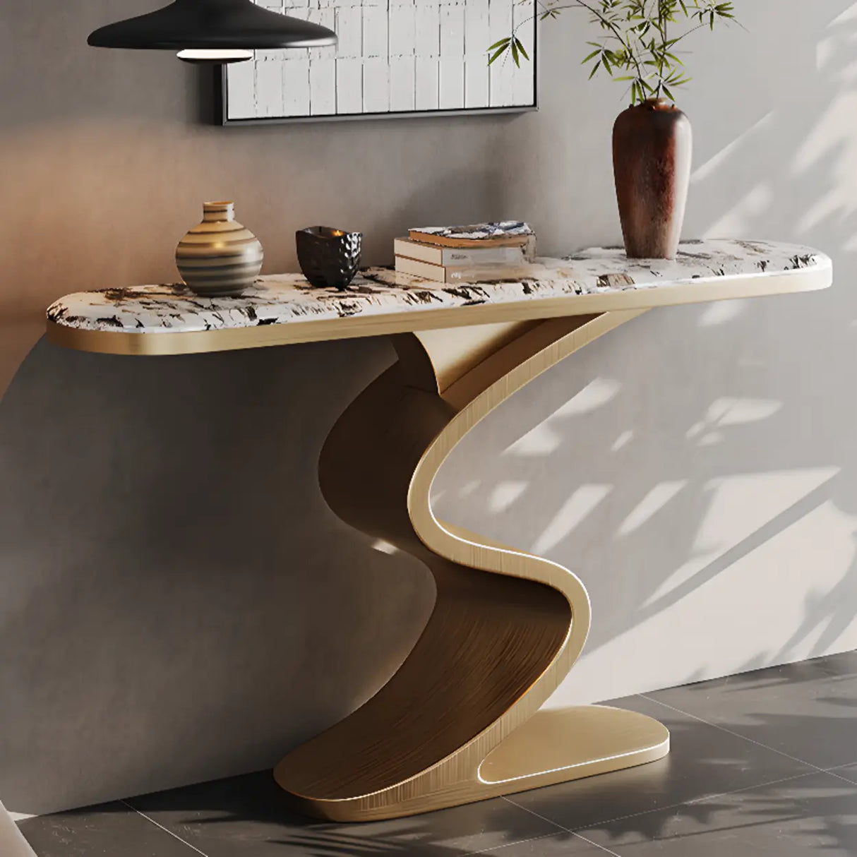 Decorative Oval Luxury Stone Curved Base Gold Console Table Image - 11