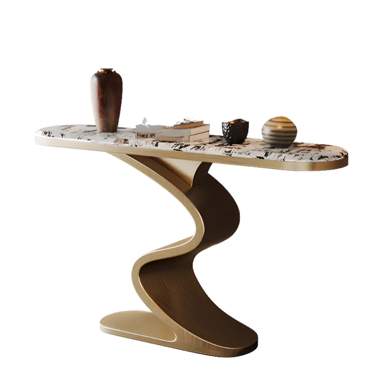 Decorative Oval Luxury Stone Curved Base Gold Console Table Image - 14