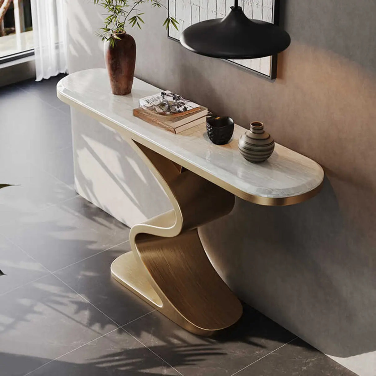Decorative Oval Luxury Stone Curved Base Gold Console Table Image - 5