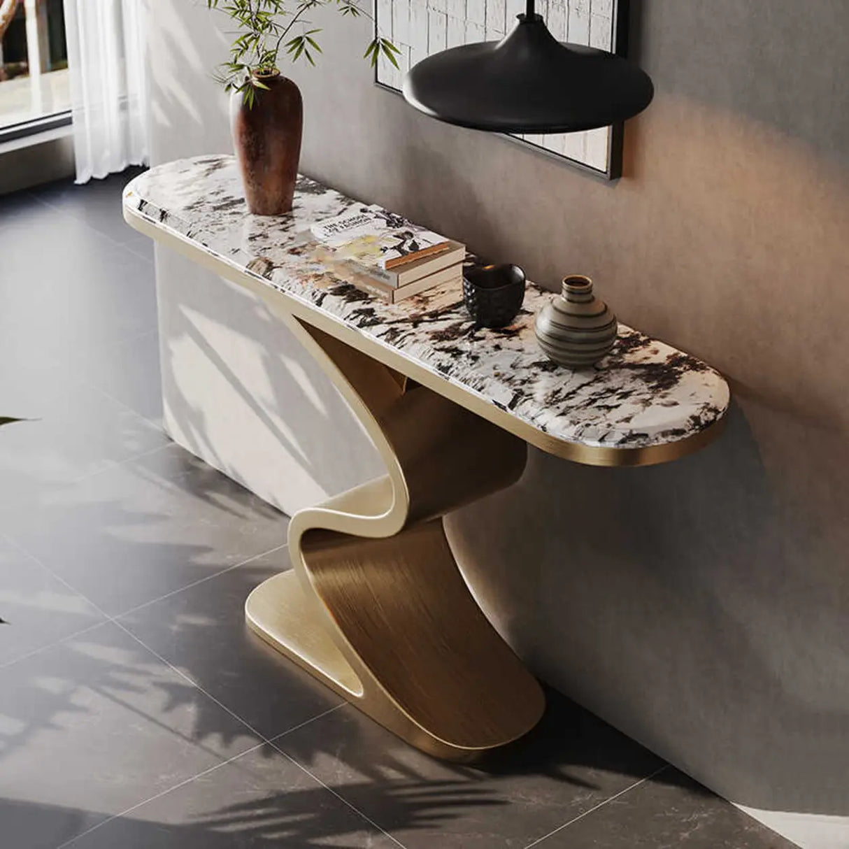 Decorative Oval Luxury Stone Curved Base Gold Console Table Image - 6