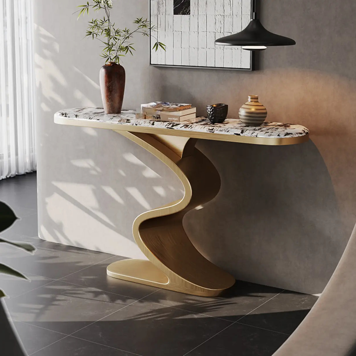 Decorative Oval Luxury Stone Curved Base Gold Console Table Image - 7