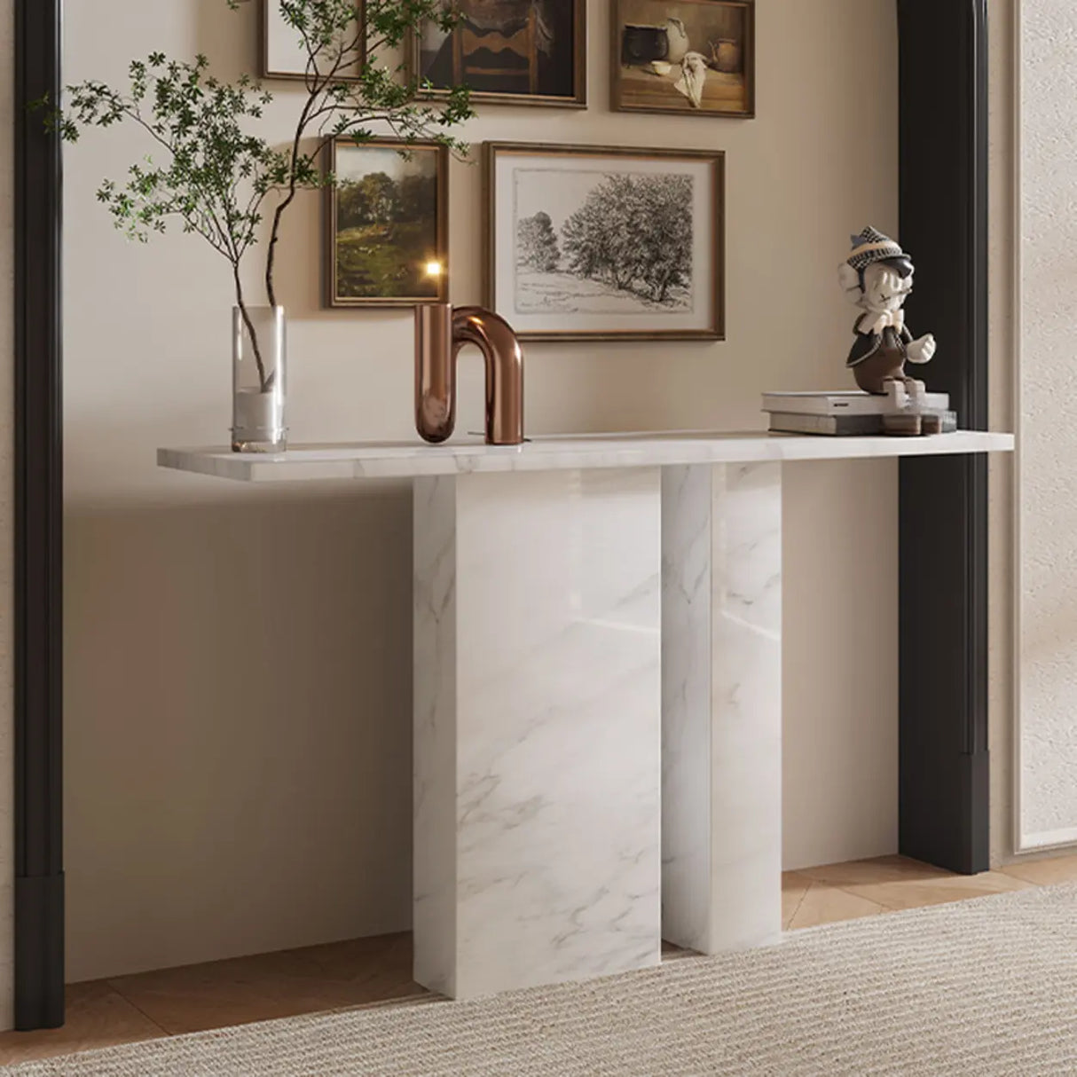 Decorative Twin Pedestal White Marble Console Table Image - 7