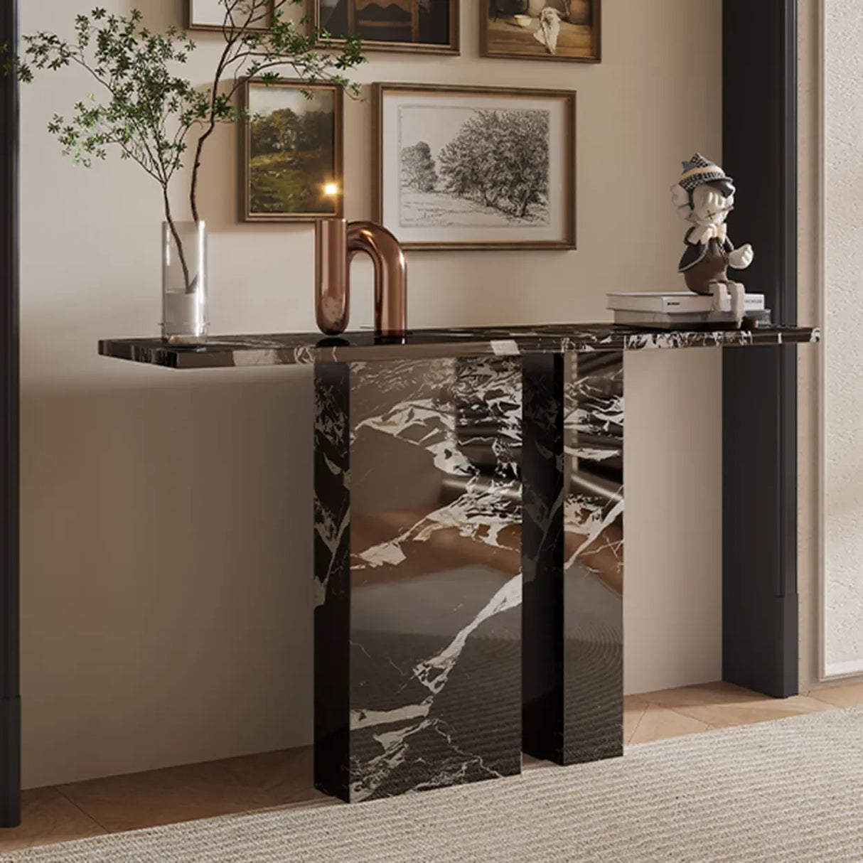 Decorative Twin Pedestal White Marble Console Table Image - 8