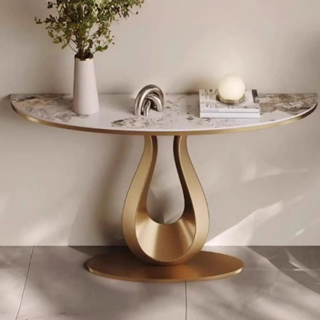 Decorative U-Shaped Gold Base Marble Console Table Image - 1