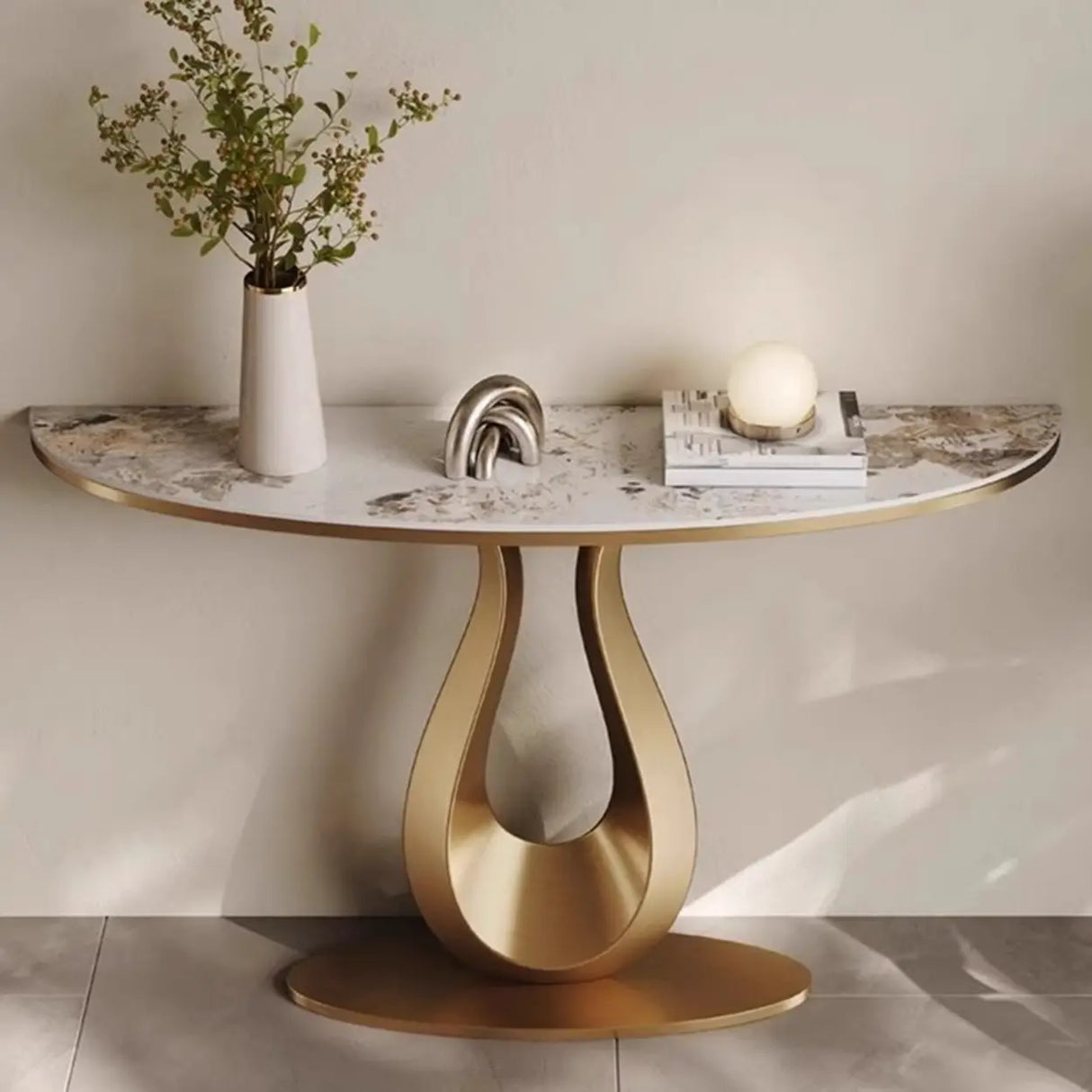 Decorative U-Shaped Gold Base Marble Console Table Image - 2
