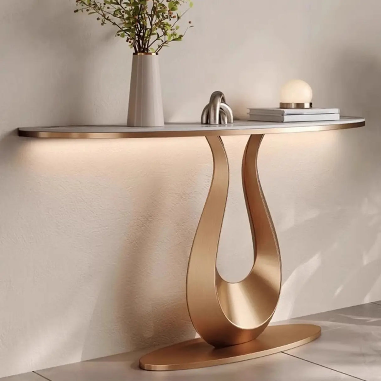 Decorative U-Shaped Gold Base Marble Console Table Image - 3