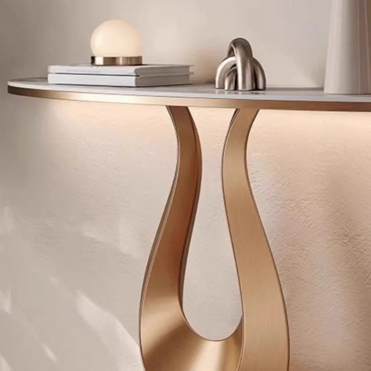 Decorative U-Shaped Gold Base Marble Console Table Image - 4