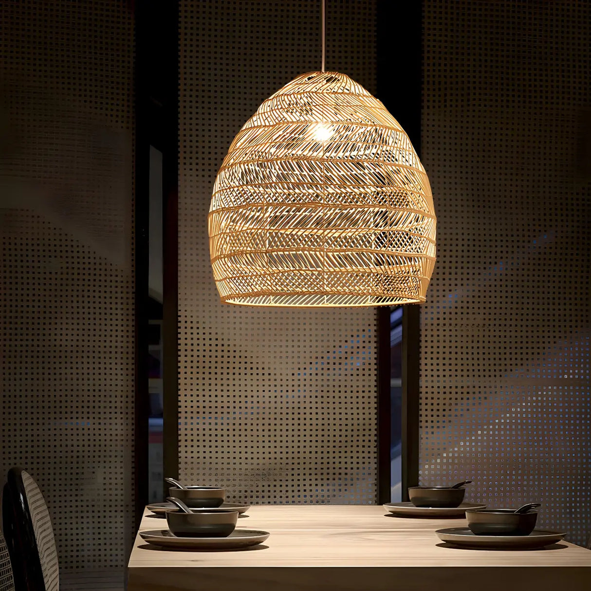 Dining Room Oriental Rattan Cloche Pendant Light Image - 1